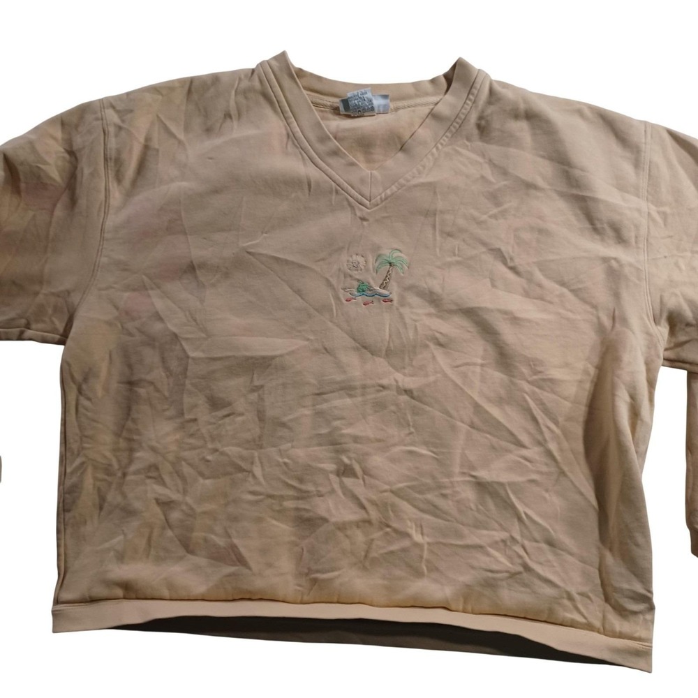 Wild Palms Sweatshirt Womens Large Beige V Neck Short Sleeve Tropical Palm Tree